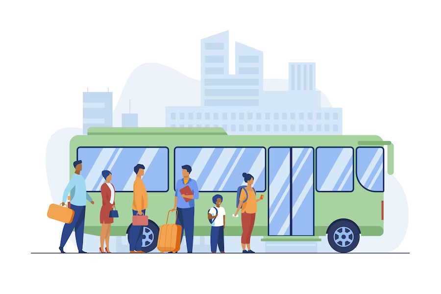 passengers waiting bus city queue town road flat vector illustration public transport urban lifestyl